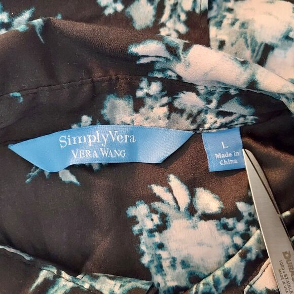 Simply Vera Wang Shirt Top Black Floral 3/4 Sleeve Split Open Back Women's L - Picture 8 of 13